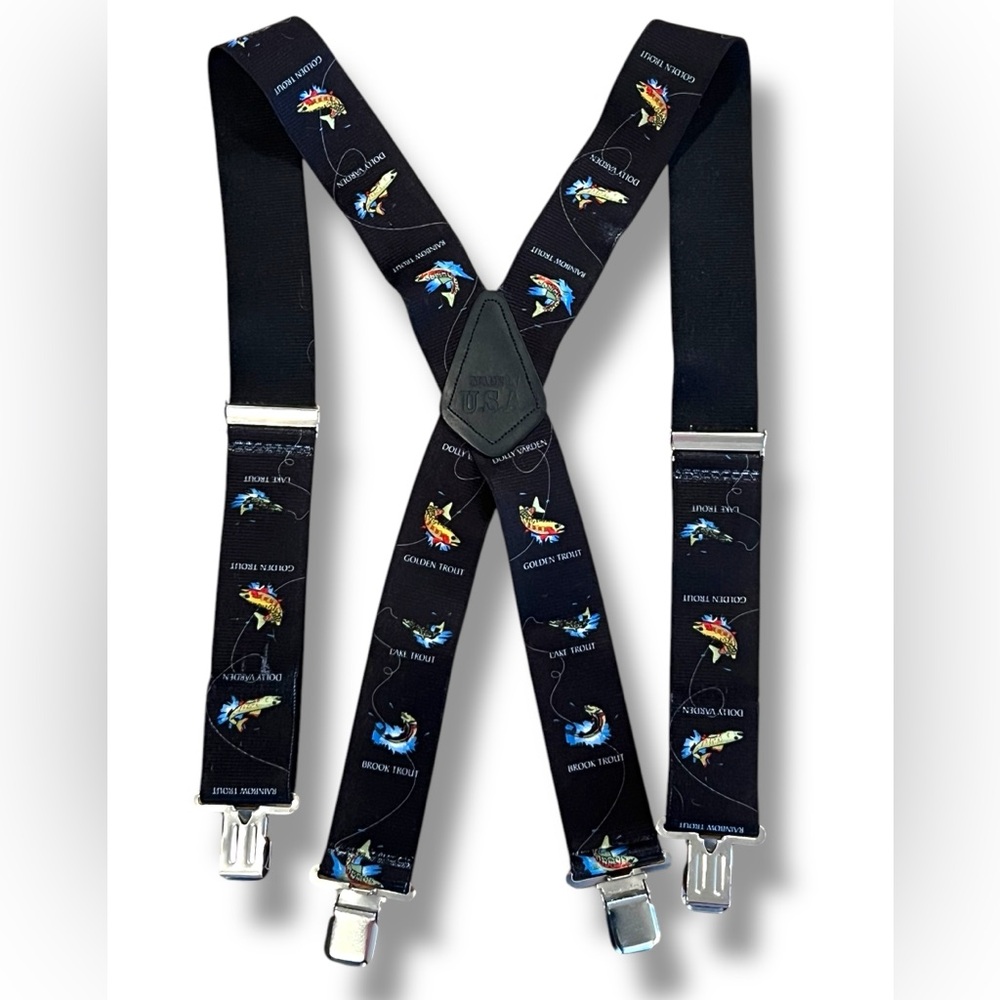 VTG X Style Suspenders w/  Trout on Black Clips and Loop Snaps Made In The USA